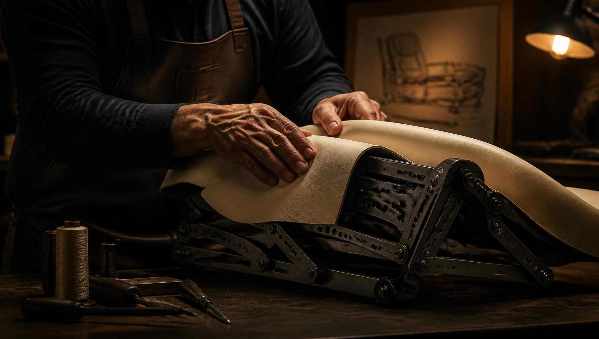A craftsperson fitting cream leather over a steel recliner mechanism in a dim workshop
